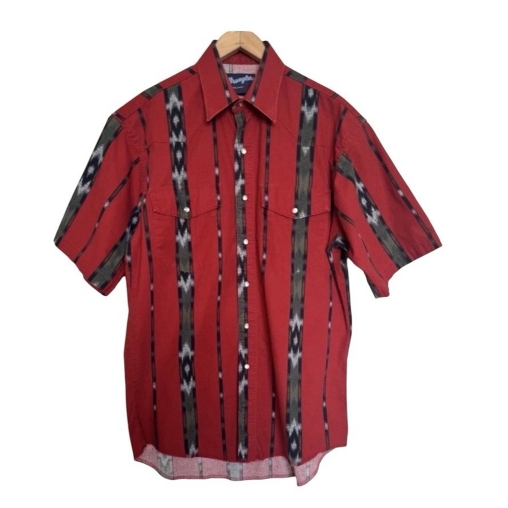 Wrangler Western Cowboy Aztec Brushpopper Pearl Snap Shirt Mens Medium Red